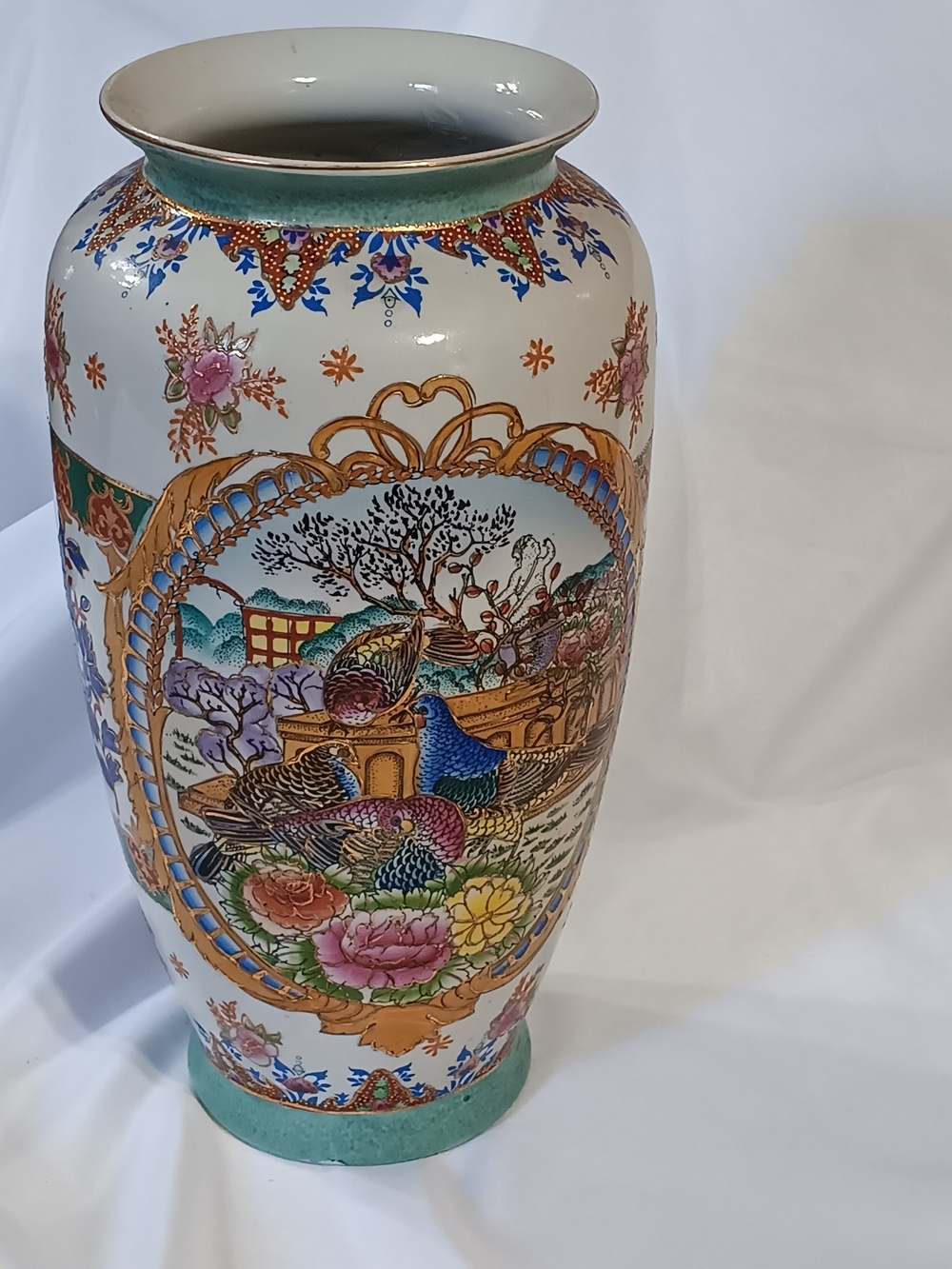 Hand-Painted Floral & Bird Porcelain Vase - White with Multicolor Accents